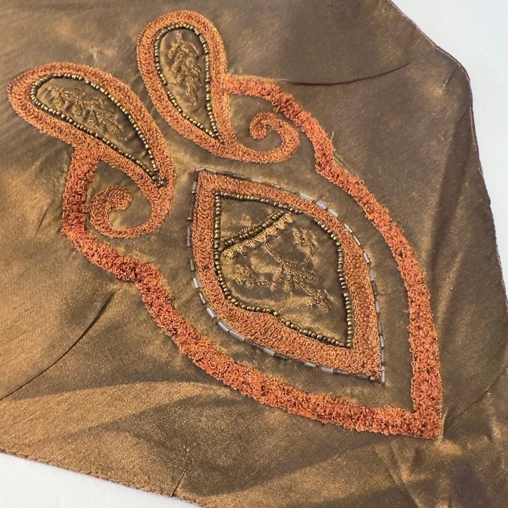 Bronze Beaded Embroidered Table Runner Paisley Copper Tassels India 72x12.5